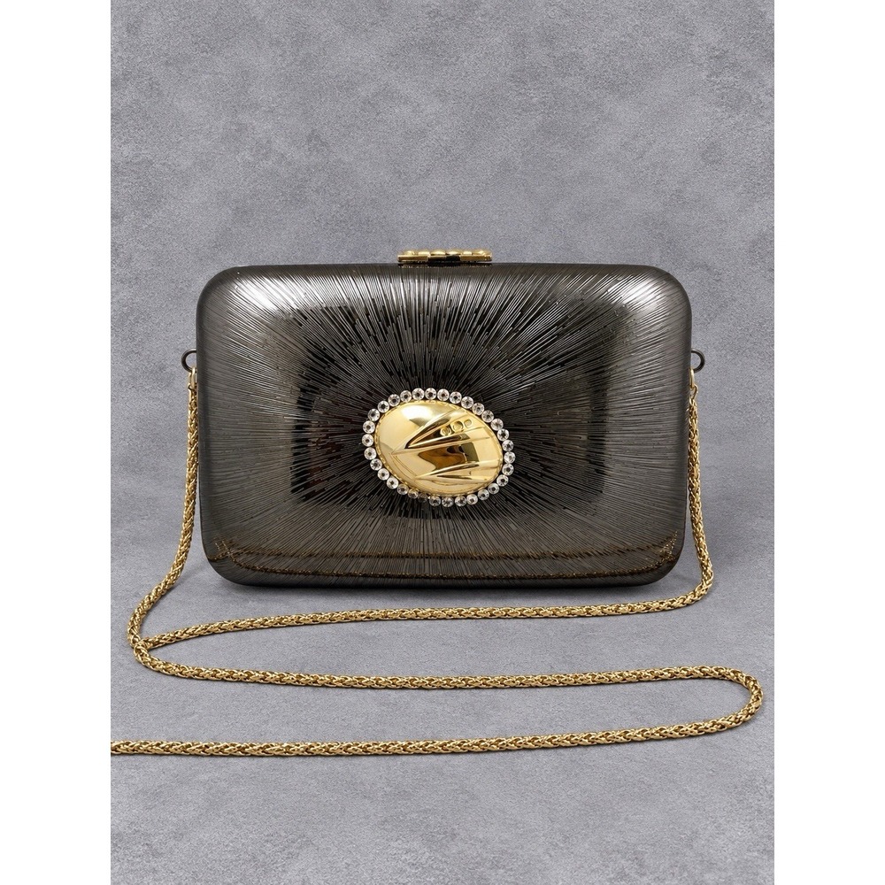 Vintage Box Clutch Purse Black Gold Chain Rhinestone Dark Romance Gothic Glam